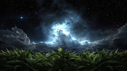Wall Mural -   A lush green field of plants is dotted with the foreground Above, a night sky brims with stars and billowing clouds
