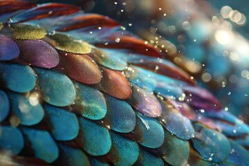Close-up of colorful overlapping scales with bokeh effect.