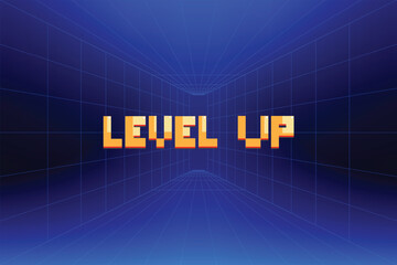 Wall Mural - LEVEL UP icon pixel art. 8 bit game. retro game. Retro Futurism Sci-Fi Background. glowing neon grid. and stars from vintage arcade computer games
