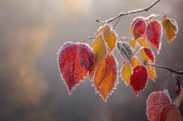 Wall Mural - close-up of vibrant red, green, and yellow leaves encased in frost during fall