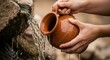 © Светлана Воротняк - Woman pouring water from ancient clay pitcher. Historical wellspring with fresh liquid. Biblical desert scene of oasis and living water in Christianity for spiritual content.