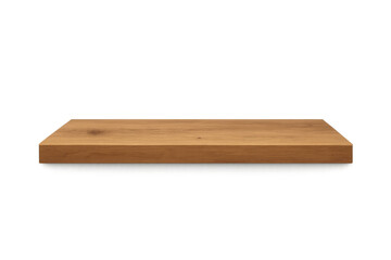 Light brown wooden shelf on transparent background for product placement