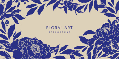 Wall Mural - elegant blue floral botanical background with peonies in line art style. vector illustration