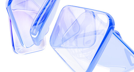 Wall Mural - blue glass transparent rectangular shapes flying on white background. abstract crystal block plates 