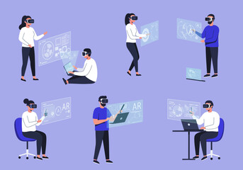 Diverse individuals using virtual reality headsets interact with holographic interfaces, showcasing various applications of VR technology.