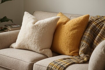 Wall Mural - Comfortable couch featuring cushions and a throw blanket beside a softly illuminated wall. Living area decor inspiration