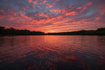 Wall Mural - lake bathed in crimson hues at dusk