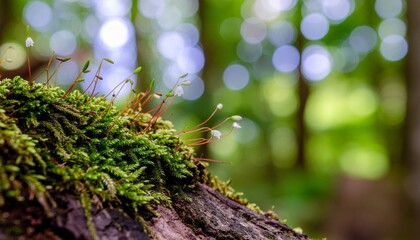 Close up macro shot of a delicate spiderweb with dew drops clinging to mossy bark in a lush green forest with soft bokeh background lights