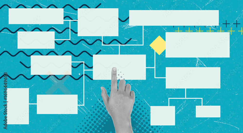 Creating a flowchart using digital tools on a blue background with hand ...