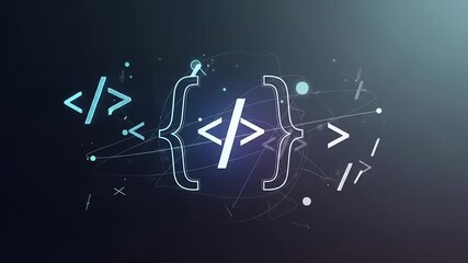 Abstract digital design featuring coding symbols and geometric shapes in a vibrant background