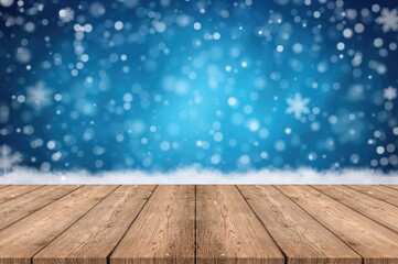 Wall Mural - wooden tabletop adorned with snowy ornaments and empty space for your item. frosty and blurred blue 