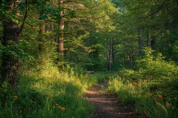 Wall Mural - Scenic woodland with dense greenery and invigorating natural surroundings in a protected forest park.