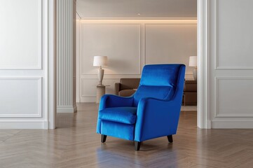 Wall Mural - living room featuring a blue silk armchair against plain white walls