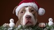© OleksandrZastrozhnov - Adorable pitbull in santa hat with mini snowmen and holiday garland