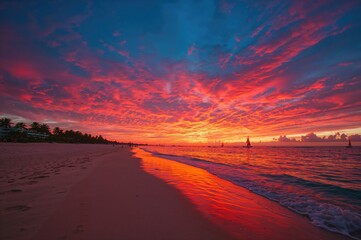 Wall Mural - sunset glow casting red hues over the shore