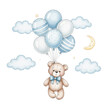 © SAIKAT - Cute teddy bear floating with blue balloons isolated on transparent background