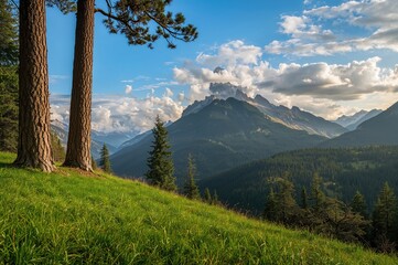 Wall Mural - Scenic summer mountain view featuring grassy terrain and a pair of pine trees on the left, with dense woodland and peaks beyond.