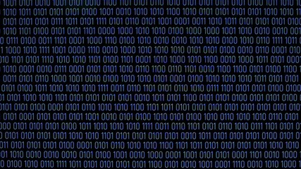 Scrolling binary code on a dark screen. Black background, screen with rapidly moving ones and zeros symbolizing binary code, concept of technology, programming and cyberspace