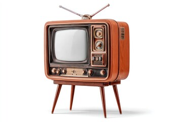 A retro-styled TV set, with a curved screen and wooden casing, stands against a pristine white backdrop