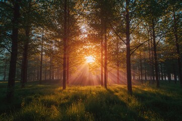 Wall Mural - stunning sunset scenery with sunlight filtering through woodland in warm season