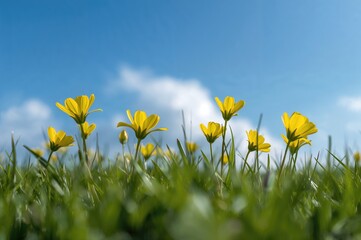 Wall Mural - Vibrant yellow blossoms set against a clear blue sky in a summer meadow