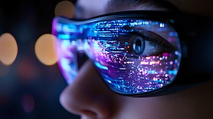 Futuristic smart glasses display with glowing blue and purple programming code reflection. Close up view shows digital data stream in eyewear lens against dark background.