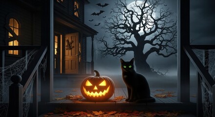 Wall Mural - Spooky halloween night with black cat and jackolantern on a haunted house porch