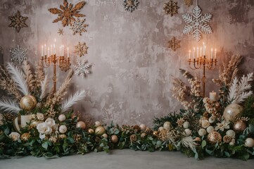 Wall Mural - Festive garland and chic decorations on a gray cement backdrop, detailed close-up