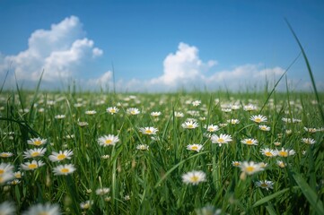Wall Mural - Fresh Green Grass and Daisies Background