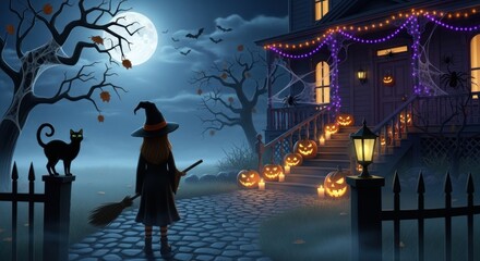 Wall Mural - Halloween night scene with witch black cat and spooky house under a full moon