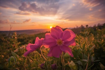 Wall Mural - Flowers in full bloom with a sunset sky behind them