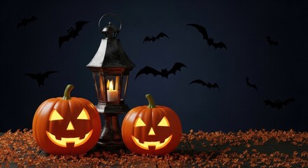 Wall Mural - Two jack o'lanterns and a lantern with bats flying in the night for halloween