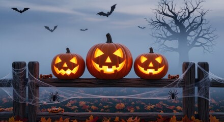 Wall Mural - Three glowing jack o'lanterns sit on a fence with bats flying in the night sky