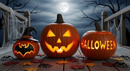 Wall Mural - Three halloween pumpkins glowing on a wooden porch under a full moon at nighttime