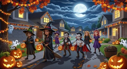 Wall Mural - Children in costumes trick or treating on halloween night in a suburban neighborhood
