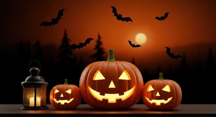 Wall Mural - Spooky halloween night scene with pumpkins bats and a lantern under moonlight