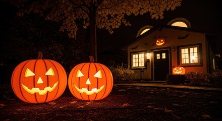 Wall Mural - Two glowing jack o'lanterns sit outside a house decorated for halloween night