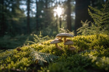 Wall Mural - close-up of mushrooms bathed in sunlight growing on moss with selective focus