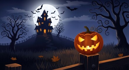 Wall Mural - Spooky halloween night scene with haunted house pumpkin bats and full moon