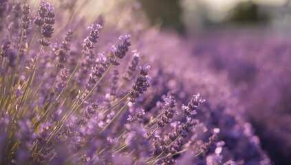 Wall Mural - Close-up of blooming lavender basking in sunlight in a garden setting.