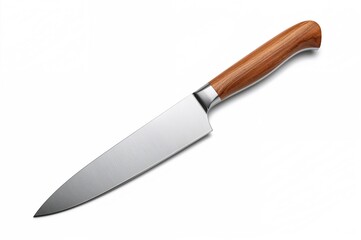 Wooden-handled kitchen knife on a plain white backdrop