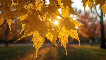 Wall Mural - Golden maple foliage illuminated by soft autumn sunlight with a blurred park backdrop.