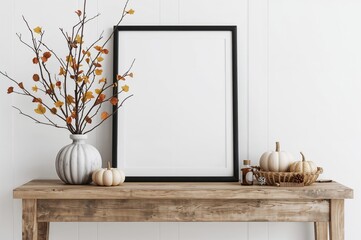 Wall Mural - Black frame mockup with autumn twigs and decorations on wooden shelf. Autumn theme. Vertical frame on white background. Space for text.