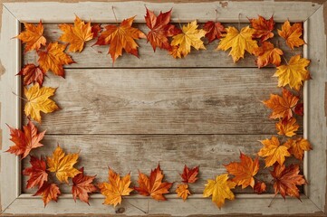 Wall Mural - Autumn leaves scattered on a wooden surface