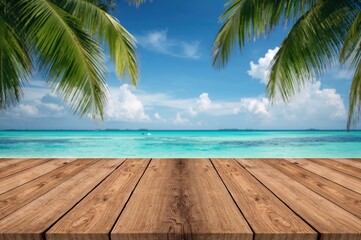 Wall Mural - Pictures of wooden tabletop with stunning tropical ocean and sandy beach background. Ideal for showcasing or assembling your items. Vintage effect applied.