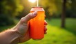 © Aqeelabibi - A hand holding an orange soda can with a straw outside on a sunny day with green grass background
