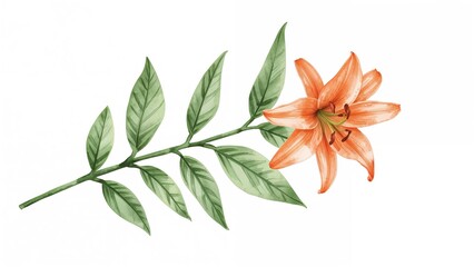 Wall Mural - Watercolor illustration of a lily branch with foliage on a white canvas