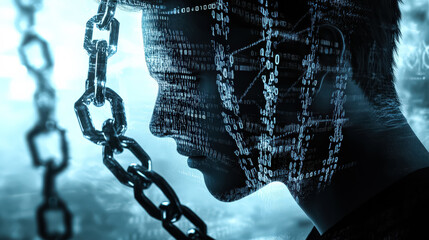 Digital illustration of a human silhouette with binary code and chains, symbolizing the concept of digital confinement and technological limitations in modern society