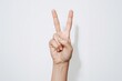© MetaPixel - Hand showing a peace gesture on a plain white background