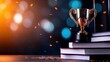 © tashechka - Celebrating academic achievement with a trophy on stacked books